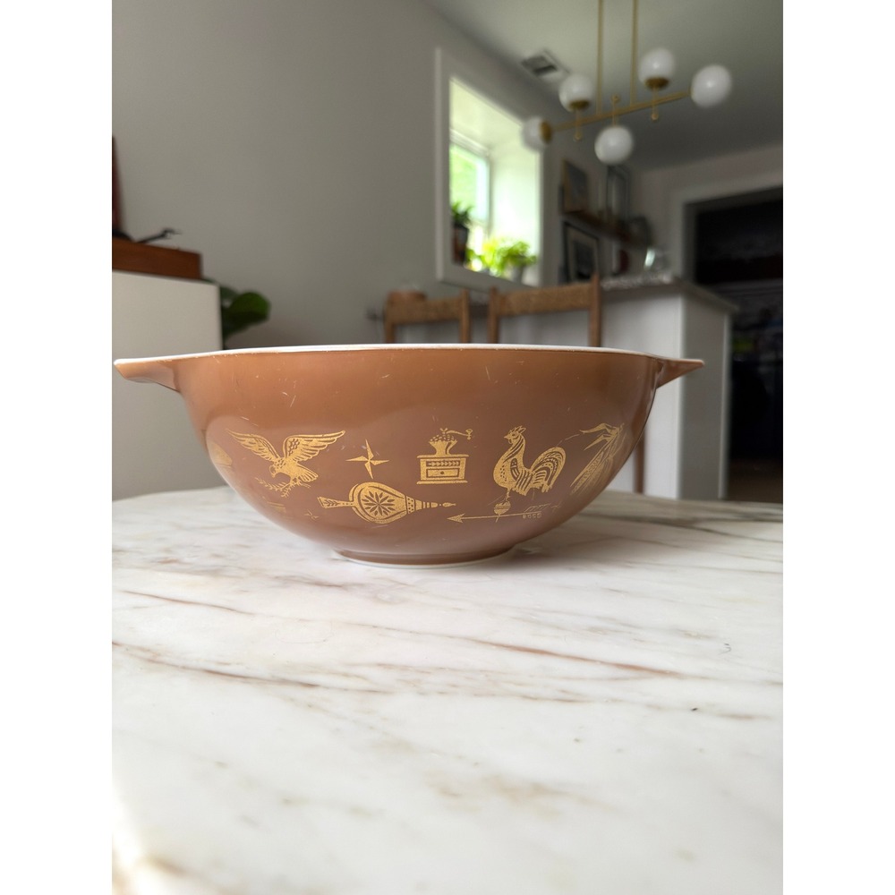Vintage Pyrex Early American Cinderella 4 Qt Mixing Bowl #444 Brown Gold